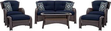 Hanover Strathmere 6-Piece Outdoor Patio Conversation Set, 2 Side Chairs with Ottomans, Loveseat and Tempered Glass Coffee Table, with Hand-Woven Wicker and Thick Navy Cushions, STRATHMERE6PCNVY