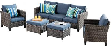 ovios Patio Furniture Set All Weather Outdoor Furniture Sectional Sofa High Back Wicker Rattan Sofa Couch for Yard Backyard Porch (5 PCS, Denim Blue)