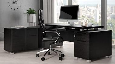 Ford Black Oak Veneer Executive Modern L-Shaped Desk with Filing Cabinet - Left Return