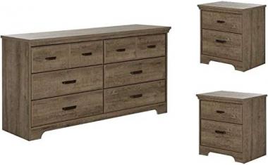 Home Square 3 Piece Dresser and 2 Nightstands Bedroom Set in Weathered Oak & Antique Handles