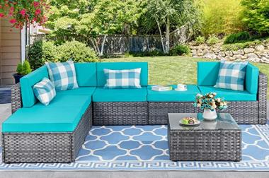 Shintenchi 7 Pieces Ottoman Outdoor Patio Sectional Sofa Couch, Silver Gray PE Wicker Furniture Conversation Sets with Washable Cushions & Glass Coffee Table for Garden, Poolside, Backyard Blue