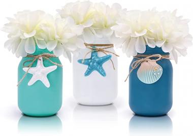 Beach Mason Jar Decor Coastal Table Centerpiece with White Flowers Floral Arrangement Blue Shell Starfishes Slices Summer Sea Farmhouse Tiered Tray Wedding Décor Vases Home Hostess Gift Idea Set of 3