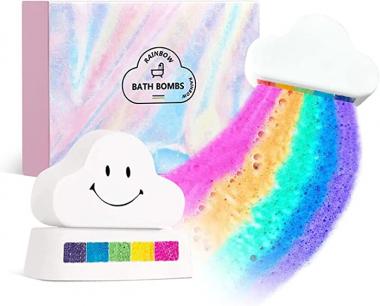 Rainbow Cloud Bath Bombs Gift Set, 2- XXXL Size 6.5oz Handmade Organic Bath Bomb, Safe Bubble Spa with Rich Bubbles and Rainbow Color, Great Gift for Kids Women Birthday Christmas