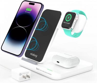 Wireless Charger, niubuy Foldable 3-in-1 Wireless Charging Station Compatible iPhone 14/14Pro/Pro Max/13/12/11(Pro & Pro Max)/X/XS, Qi-Enabled Android Phone, Apple Watch & AirPods-White