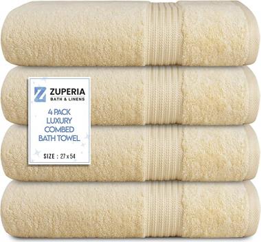 Zuperia Bath Towels 27" x 54" Set of 4 Ultra Soft 600 GSM 100% Combed Cotton Large Towels for Bathroom, Highly Absorbent Daily Usage Bath Towel Set Ideal for Pool, Home, Gym, Spa, Hotel (Ivory)