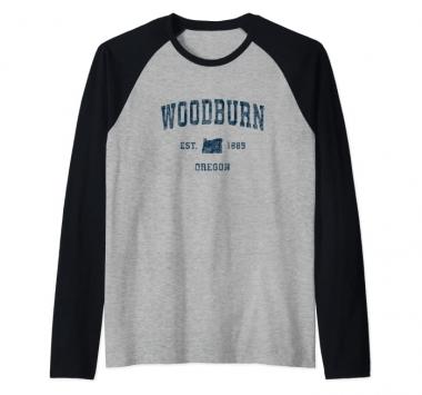 Woodburn Oregon OR Vintage Sports Design Navy Print Raglan Baseball Tee