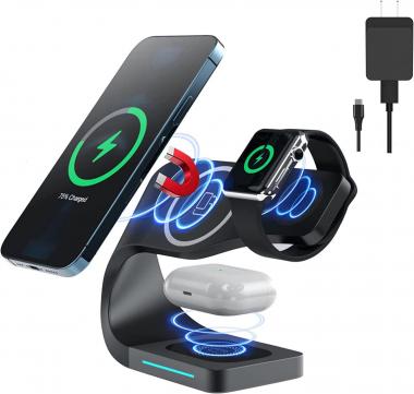 Mag-Safe Wireless Charger Magnetic 3 in 1 Fast Wireless Charging Station 15W Qi Stand for iPhone 14/13/13 Pro/13 Pro Max/13 mini/12/11/X/8,Apple Watch 7/SE/6/5/4/3/2,AirPods 2/Pro(with QC 3.0 Adapter)