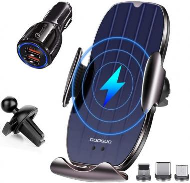 GOOSUO Wireless Car Charger, 10W Car Smart Sensor Wireless Charger Phone Holder for iPhone12 11/ Pro/XS/XR/ 8 Plus, Samsung S10 /S9 / Note10 / Note9, etc (Black+Blue)