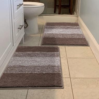 Vaukki Luxury Soft Bathroom Rugs Set of 2, Non Slip Washable Plush Bath Floor Mats, Microfiber Shaggy Absorbent Striped Bath Carpet for Tub, Bathroom and Shower (20''x32''+20''x32'', Coffee)