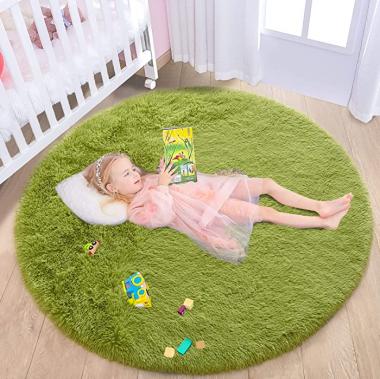 junovo Round Fluffy Soft Area Rugs for Kids Girls Room Princess Castle Plush Shaggy Carpet Cute Circle Nursery Rug for Kids Baby Girls Bedroom Living Room Home Decor Circular Carpet, 6ft Green