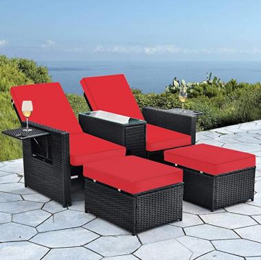 B BAIJIAWEI 5pcs Patio Wicker Loveseat - Outdoor Rattan Sofa Set with Cushion - Adjustable Lounge Chair with Ottoman Footrest, Wicker Furniture for Garden, Patio, Balcony, Beach, Coffee Bar, Deck