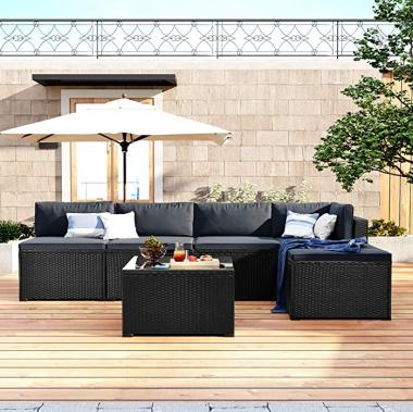 STARTOGOO Conversation 6-Piece Outdoor Garden Couch Furniture Set with PE Rattan Wicker, Patio Sectional Sofa Chair for 5, Removable Cushions,Coffee Table， Ottoman, Gray