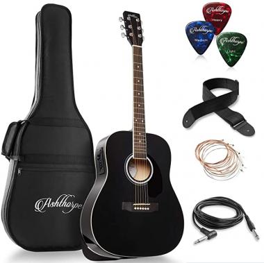 Ashthorpe Full-Size Dreadnought Acoustic-Electric Guitar Bundle - Premium Tonewoods - Black