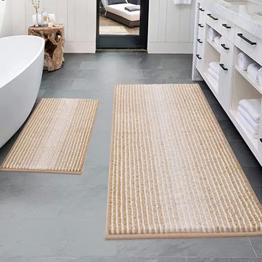 Bathroom Rugs and Mats Sets, 2 Piece Thick Absorbent Chenille Bath Mat Rug Set Non Slip, Soft Shaggy Bath Room Floor Mats for Bathroom, Machine Washable (20" x 47" Plus 16" x 24", Beige)