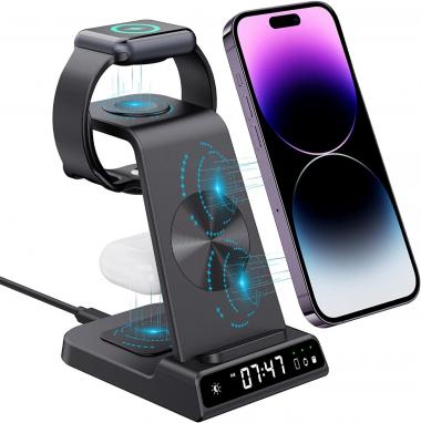 doeboe Wireless Charger, 3 in 1 Charging Station for Multiple Devices Apple with Digital Clock for iPhone 14/13/11/12/Pro Max/XR/AirP od Pro/3/2, Charger Dock for Apple Watch Series 8 7 SE 6 5 4 3 2 1