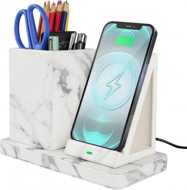 Wireless Charger with Desk Organizer, Wireless Charging Station for iPhone 13/13 Pro/12/11/Samsung Galaxy S22/S21/S20/Note 20/Note 10, Wireless Charging Stand with Leather, Marble