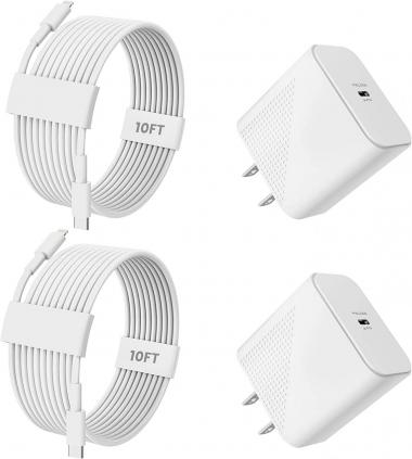 10FT iPhone 14 13 12 Fast Charger - [Apple MFi Certified] - 2-Pack 20W USB C Wall Charger Block with 2X Long Type-C to Lightning Cable for iPhone 14 Pro Max/14 Pro/13 Pro Max/13 Pro/12 Mini/11/X,iPad