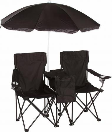 Trademark Innovations Double Folding Camp and Beach Chair with Removable Umbrella and Cooler, Black