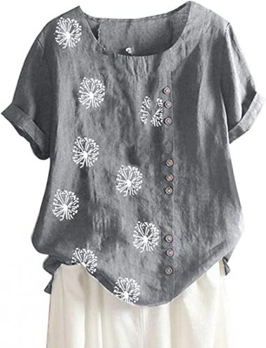 Summer Women Cotton Linen Tshirt Tops Casual Loose Fit Trendy Flowers Tunic Tees Short Sleeve Plus Size Button Blouses