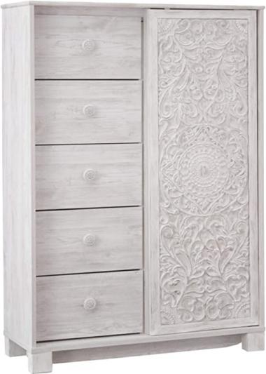 Signature Design by Ashley Paxberry Boho 5 Drawer Dressing Chest with Slider Door & 3 Adjustable Shelves, Whitewash