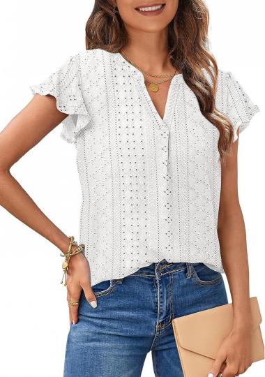 SAMPEEL Women 2023 Summer V Neck Ruffle Short Sleeve Tops Work Blouses Shirt