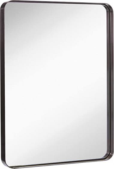 Hamilton Hills Contemporary Brushed Metal Wall Mirror | Glass Panel Black Framed Rounded Corner Deep Set Design | Mirrored Rectangle Hangs Horizontal and Vertical (24" x 36")