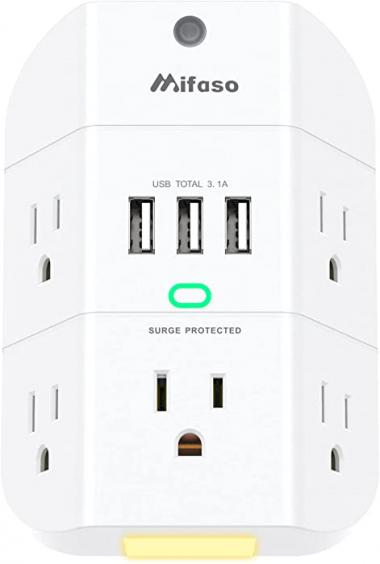 Outlet Extender with Night Light, 5-Outlet Surge Protector with 3 USB Charging Ports, 1800J Power Strip Multi Plug Outlets Wall Adapter Expander with Spaced Outlets for Home, School, Office