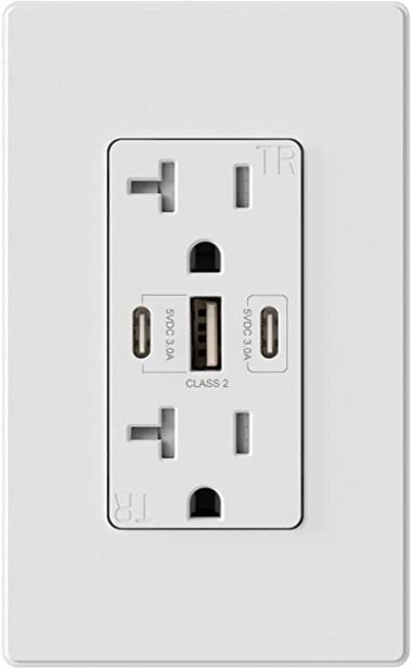 ELEGRP 30W 6.0 Amp 3-Port USB Wall Outlet, 20 Amp Receptacle with Dual USB Type C and Type A Ports, USB Charger for iPhone, iPad, Samsung and Android Devices, UL Listed, with Wall Plate, 1 Pack, White