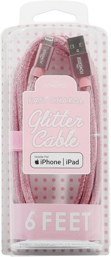 Liquipel Powertek Glitter MFi Certified Charger Compatible for Apple iPhone, iPad, 6ft Cable, Lightning to USB Cable Cord, Fast Charging Lightning Cable (Pink)