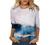 Summer 3/4 Sleeve Shirt Landscape Painting Pattern Top for Womens Three Quarter Sleeve Pullover Round Neck Tee