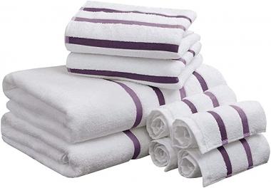 Comfort Spaces Cotton 8 Piece Bath Towel Set Striped Ultra Soft Hotel Quality Quick Dry Absorbent Bathroom Shower Hand Face Washcloths, Multi-Sizes, Zero Twist Purple 8 Piece