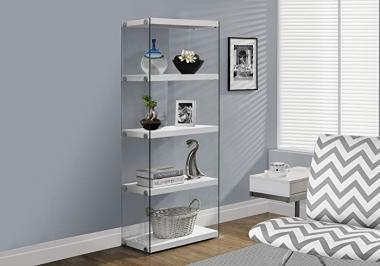 Monarch Specialties I Bookcase-5-Shelf Etagere Bookcase Contemporary Look with Tempered Glass Frame Bookshelf, 60"H, (White)