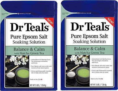 Dr Teal's Epsom Salt Matcha Green Tea Bath Soaking Solution - Balance & Calm - Pack of 2, 3 lb Resealable Bags - Moisturize Your Skin, Relieve Stress and Sore Muscles