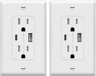 TOPGREENER 3.6A 2-Port USB Outlet, USB Type-C/A Wall Charger Outlet, 15 Amp TR Receptacle Plug, Charging Power Outlet with USB Ports, Electrical USB Socket, UL Listed, TU21536AC-W-2PCS, White, 2 Pack