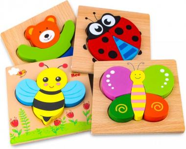 SKYFIELD Wooden Animal Puzzles for Toddlers 1 2 3 Years Old, Boys & Girls Educational Toys Gift with 4 Animal Patterns, Bright Vibrant Color Shapes, Customize Gift Box Ready