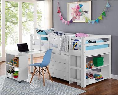 Twin Size Loft Bed with Desk Low Study Kids Loft Bed with Desk and Storage Space-Saving Low Loft Bed for Kids Twin Loft Bed with Storage Cabinet, Ladder, Safety Guard Rails, Bookcase Shelf - White