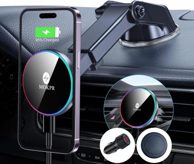 Magnetic Wireless Car Charger, MOKPR Dashboard and Air Ven Fast MagSafe Car Charger with Colorful LED, Compatible with iPhone 14/13/12 Series