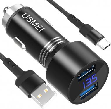 USMEI Voltmeter Quick Charge 3.0 Dual USB Car Charger, 36W QC3.0 USB Adapter + 3A USB Type C Cable for Galaxy S20/S20+ Ultra S10 S10E S9 S8 Note 10 9 8,Moto Z/Z2, LG G5/G6/V20/V30(Black Braided)