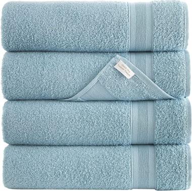 Blue Bath Towels 27" x 54" Quick-Dry High Absorbent 100% Turkish Cotton Lightweight Towel for Bathroom, Guests, Pool, Gym, Camp, Travel, College Dorm, Shower (Blue, 4 Pack Bath Towel)