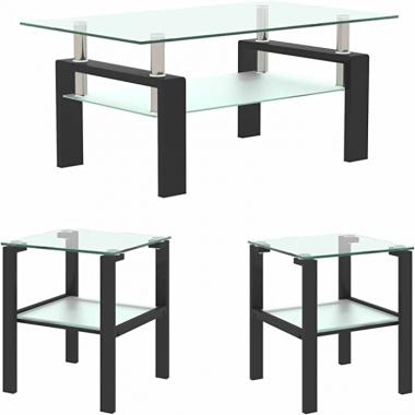 Glass Coffee Table and End Table Sets, Living Room Table Set of 3, Includes Coffee Table & 2 Side Tables, 2 Layer Tea Table, Perfect for Living Room Accent Furniture (Coffee Table and End Table Sets)