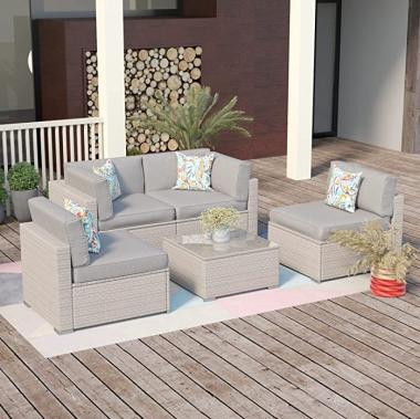 SUNBURY Outdoor Sectional Wicker Sofa 5-Piece in Warm Gray w 4 Pillows, Elegant Patio Furniture Chair with Table Set for Backyard