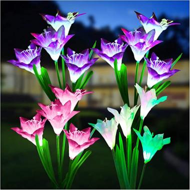 Outdoor Solar Lights, KOOPER 4 Pack Solar Garden Lights with Bigger Lily Flowers, Waterproof 7 Color Changing Outdoor Lights - Bigger Solar Panel for Garden Patio Yard Pathway Decoration