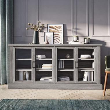 BELLEZE Modern 70 Inch Farmhouse Wood Sideboard Buffet Entertainment Center with Storage Cabinet, Glass Doors, and Adjustable Shelves for Living Room, Bedroom, Dining Room - Liam (Gray Wash)