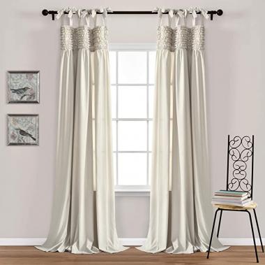 Lush Decor, Neutral Lydia Curtains Ruffle Window Panel Set for Living, Dining, Bedroom (Pair), 84” x 40 L