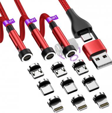 540° Rotation Magnetic Charging Cable 3-Pack [3ft/6ft/10ft], USB A to USB C 5 in 1 Magnetic Phone Charger Cable, Nylon-Braided Cords Support Data Transfer for iPhone/Micro USB/Type C - Red