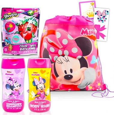 Disney Bundle Minnie Mouse Bathroom Set for Kids, Toddlers ~ 5 Pc Bundle with Drawstring Bag, Body Wash, Shampoo, Stickers, and More (Minnie Bath Toys Girls)