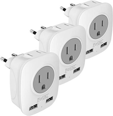 European Plug Travel Adapter 3 Pack, FOVAL International Power Adaptor with 2 USB, 2 American Outlets, 4 in 1 Outlet Adapter US to Most of Europe France Germany Spain Greece Italy Iceland (Type C)