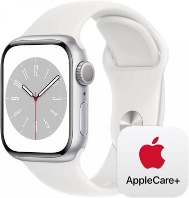 Apple Watch Series 8 [GPS 41mm] Smart Watch w/ Silver Aluminum Case with White Sport Band - M/L with AppleCare+ (2 Years)