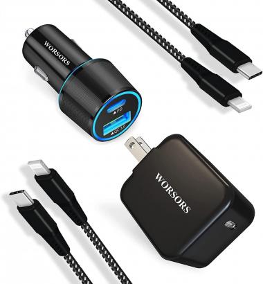 WORSORS 20W PD USB C Fast Charger Kit Compatible for iPhone 13 Pro/Max/Mini/13/12/11/XS/XR/X/8 Plus, Home Wall Charger[Foldable Plug] + Car Charger Adapter + 2 Pack 3FT MFi Type C to Lightning Cable