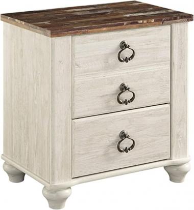 Signature Design by Ashley Willowton Farmhouse 2 Drawer Nightstand with USB Charging Ports, Whitewash